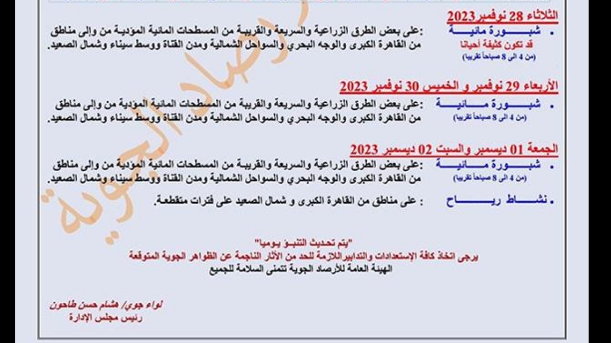 هيئه الأرصاد تعلن تفاصيل طقس الـ 6 أيام القادمه وتحذيرات من الامطار والرياح